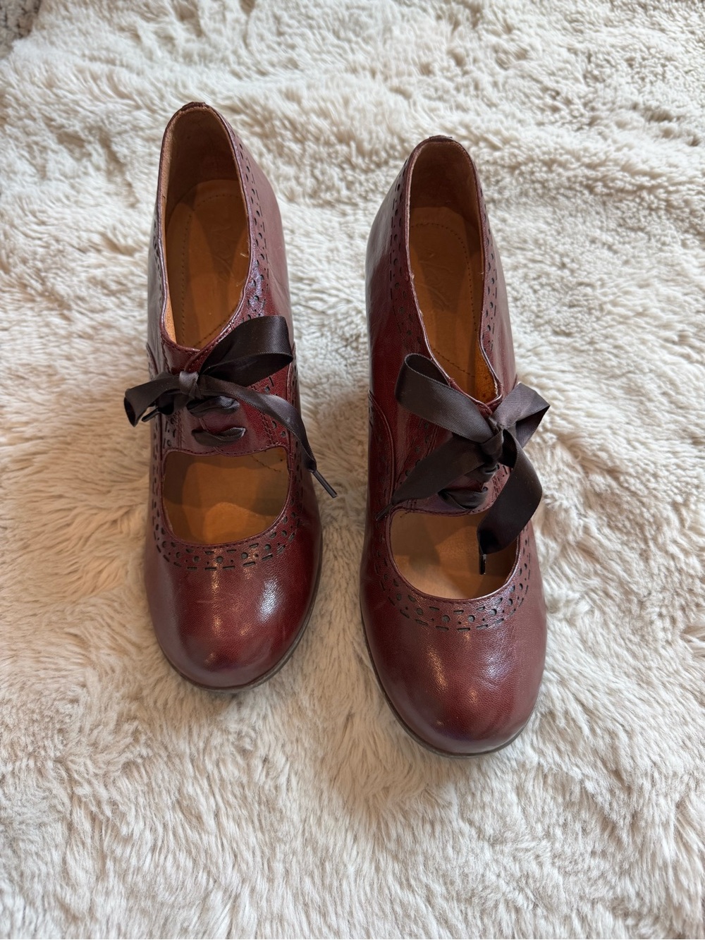 Naya “Jada” Burgundy Leather Mary Jane Heels with Ribbon Tie